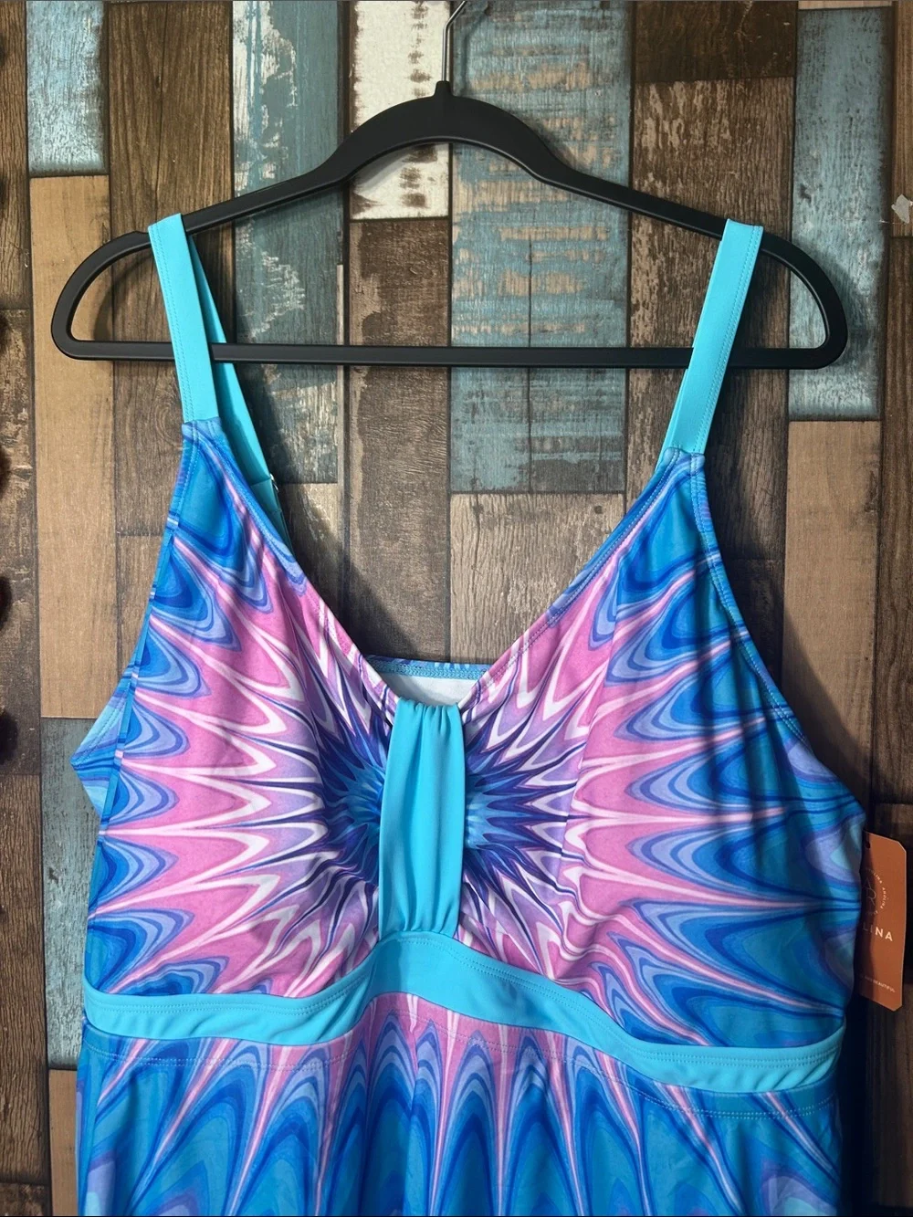 Arolina Blue & Pink Swirl One-Piece Swimdress with biker shorts